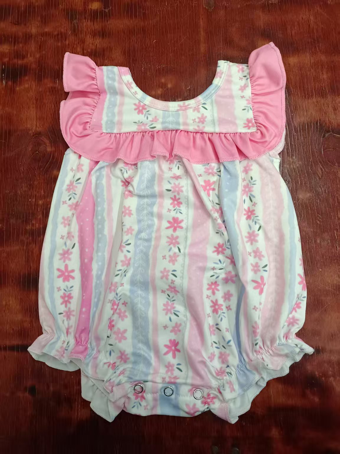 Preorder moq 5 Baby Girls Pink Sleeveless Floral Stripe Ruffle Rompers