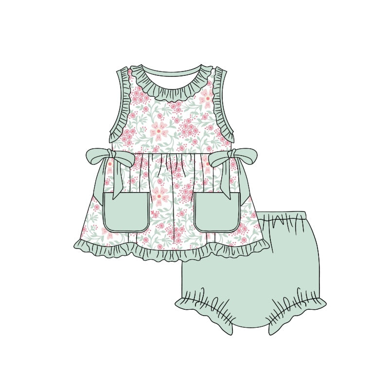 Baby Girls Toddler Green Red Flowers Bows Tunic Top Bummie Sets preorder(moq 5)