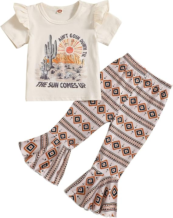 Baby Girls Western Cactus Sun Top Aztec Bell Pants Clothes Sets preorder (moq 5)