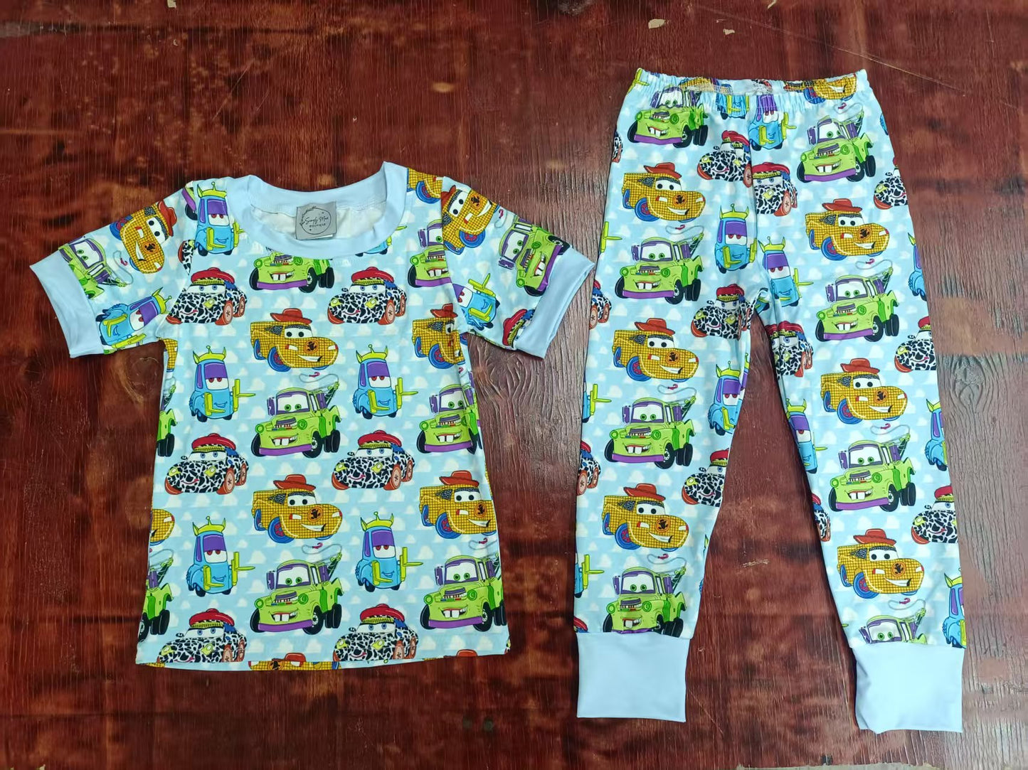 Preorder moq 5 Baby Boys Aqua Plaid Short Sleeves Cartoon Cars Top Legging Pant Pajamas Set