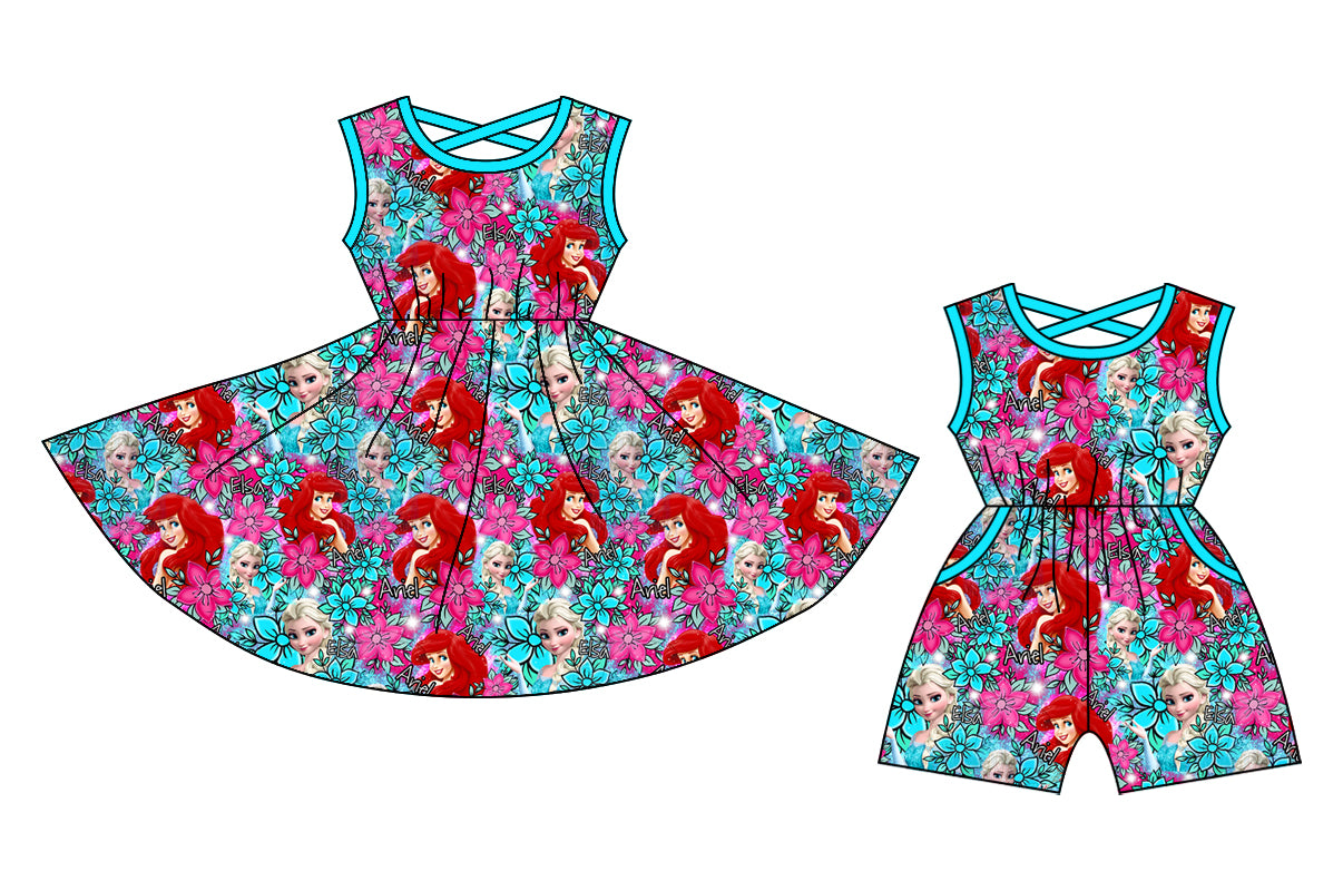Preorder moq 5 Custom Baby Girls Blue Sleeveless Floral Mermaid Knee Length Dress Pockets Jumpsuits