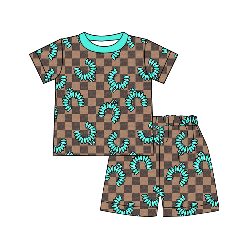 Preorder (moq 5)Baby Boys Khaki Checked Turquoises Top Shorts Western Pajamas Sets