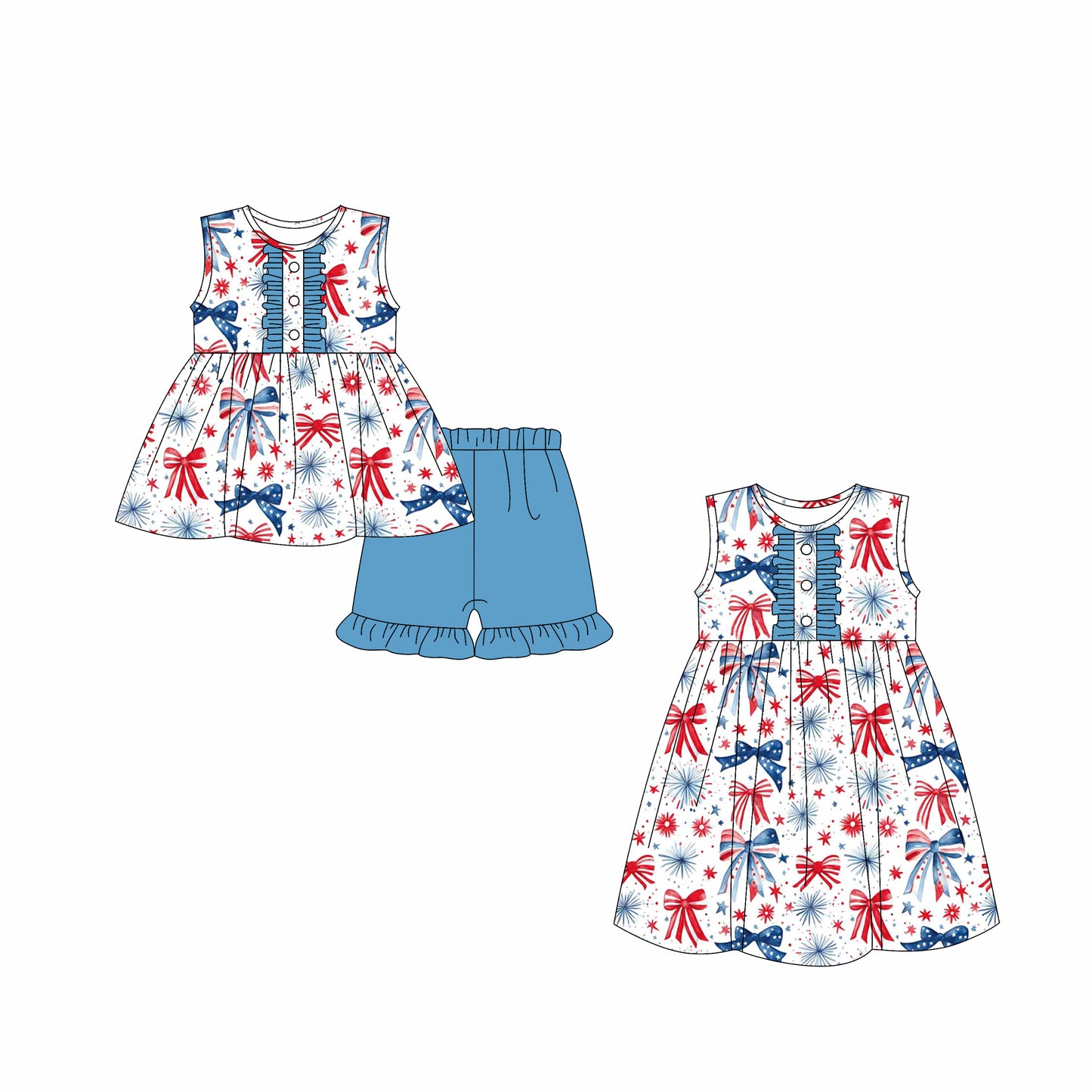 Preorder moq 5 Custom Baby Girls Button Blue Red Bows Fireworks Tunic Ruffle Short 4th Of July Set Knee Length Dresses