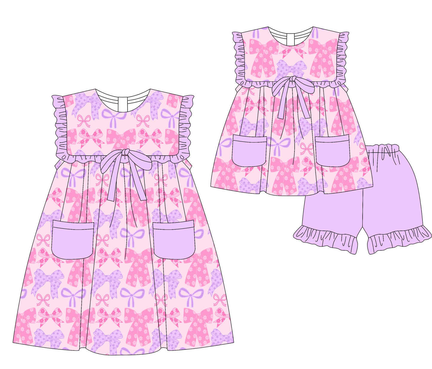 Preorder moq 5 Custom Baby Girls Lavender Floral Bows Pockets Tunic Ruffle Short Set Knee Length Dresses