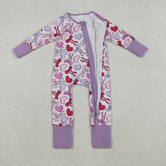 Baby Girls Long Sleeve Hearts Bows Valentines Two Way Zip Convertible Rompers