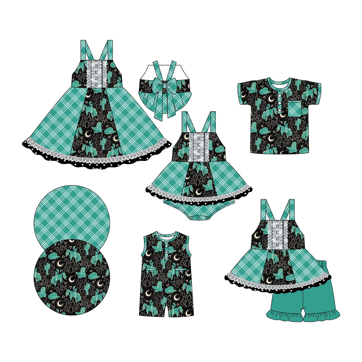 Preorder moq 5 Custom Baby Kids Green Strap Cactus Horses Plaid Tunic Ruffle Short Set Button Pocket Polo Shirts Rompers Knee Length Dress And Bummies Set