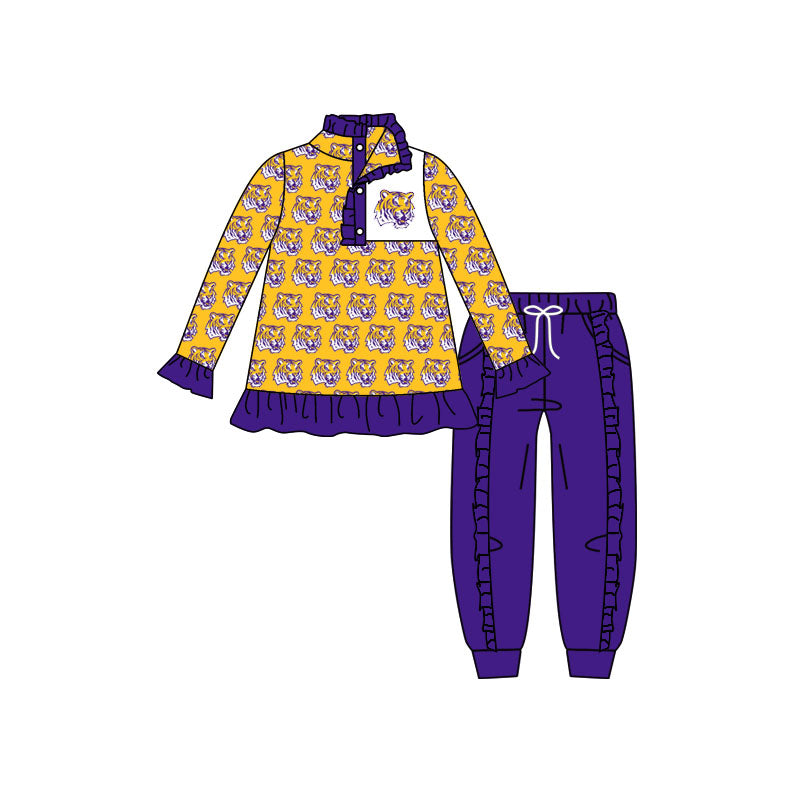 preorder(moq 5) Baby Girls Yellow LSU Tigers Team Long Sleeve Top Ruffle Pants Clothes Sets