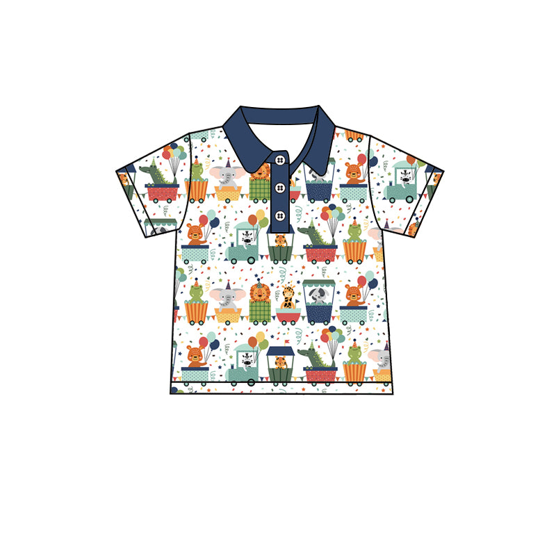 Preorder (moq 5)Baby Boys Navy Animals Short Sleeve Buttons Tee Shirts Tops