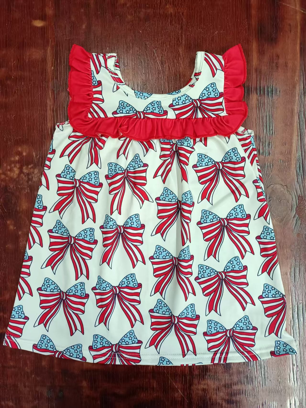 Preorder moq 5 Baby Girls Red Sleeveless Blue Red Stars Bows 4th Of July Knee Length Dress