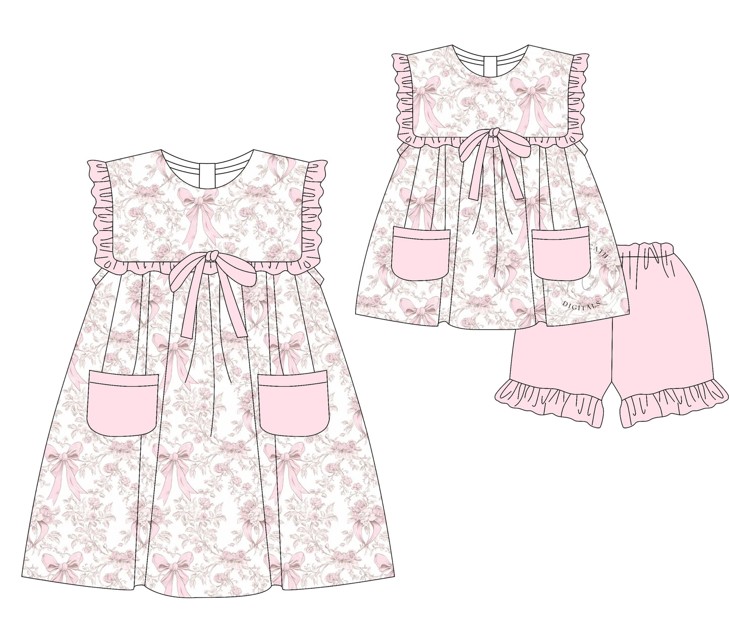 Preorder moq 5 Custom Baby Girls Pink Bows Floral Pockets Tunic Ruffle Short Set Knee Length Dresses