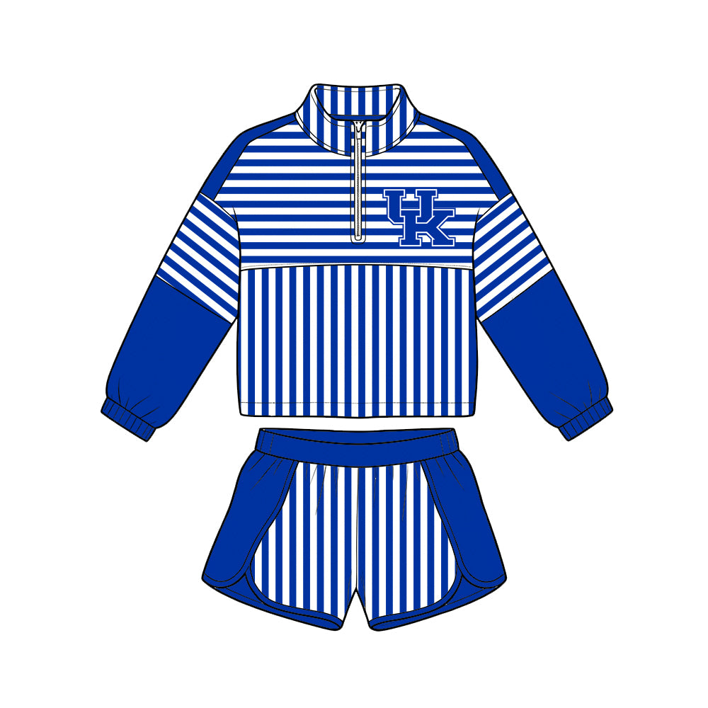 Preorder (moq 5)Baby Girls Blue Stripe Kentucky Zip Pullovers Short Team Clothes Set