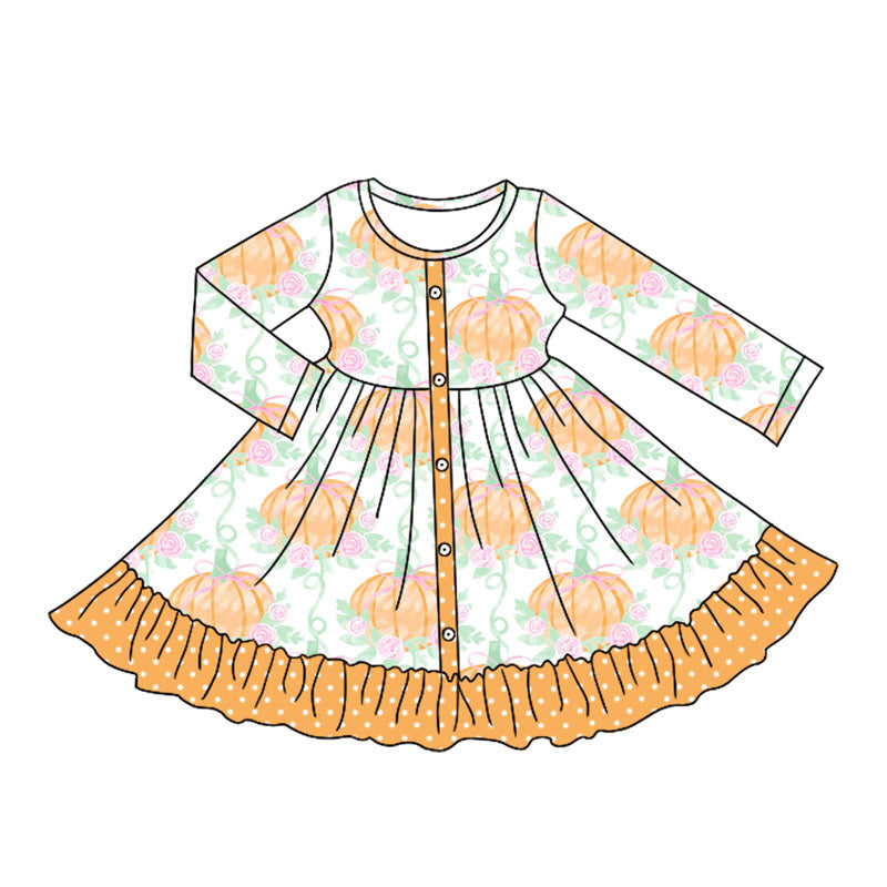 Preorder moq 5 Baby Girls Long Sleeves Pumpkins Flowers Button Ruffle Knee Length Dresses