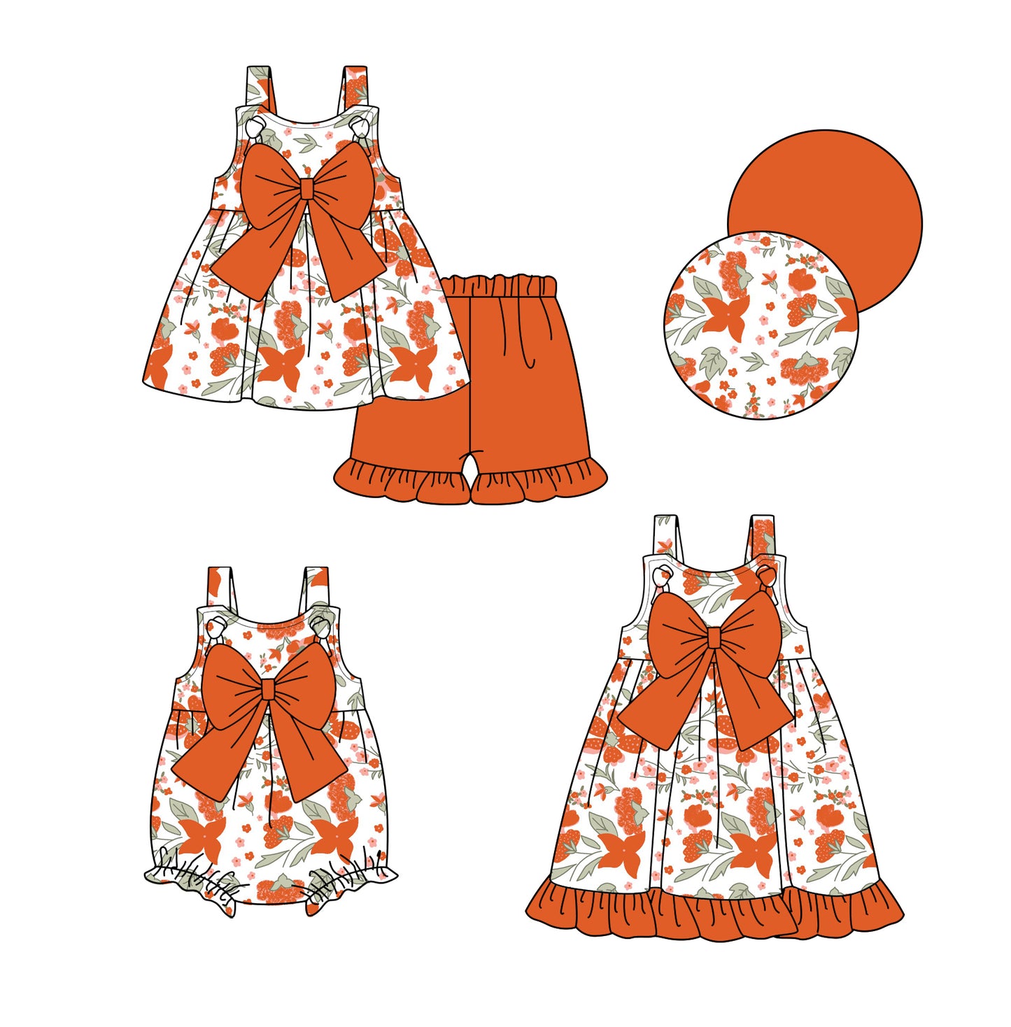 Preorder moq 5 Custom Baby Girls Orange Floral Tunic Ruffle Short Set Knee Length Dress Romper