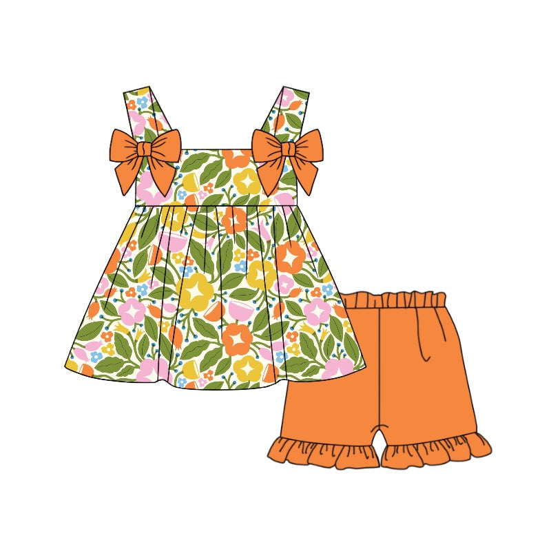 Baby Girls Orange Flowers Bows Tunic Ruffle Shorts Sets preorder (moq 5)
