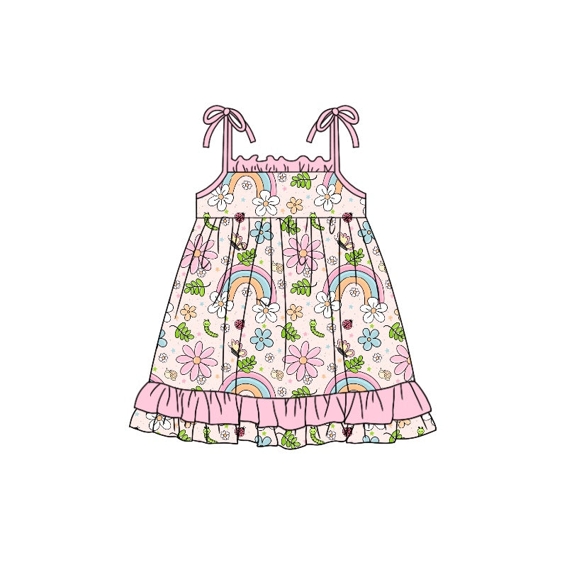 Baby Girls Pink Rainbow Flowers Straps Ruffle Knee Length Dresses Preorder(moq 5)