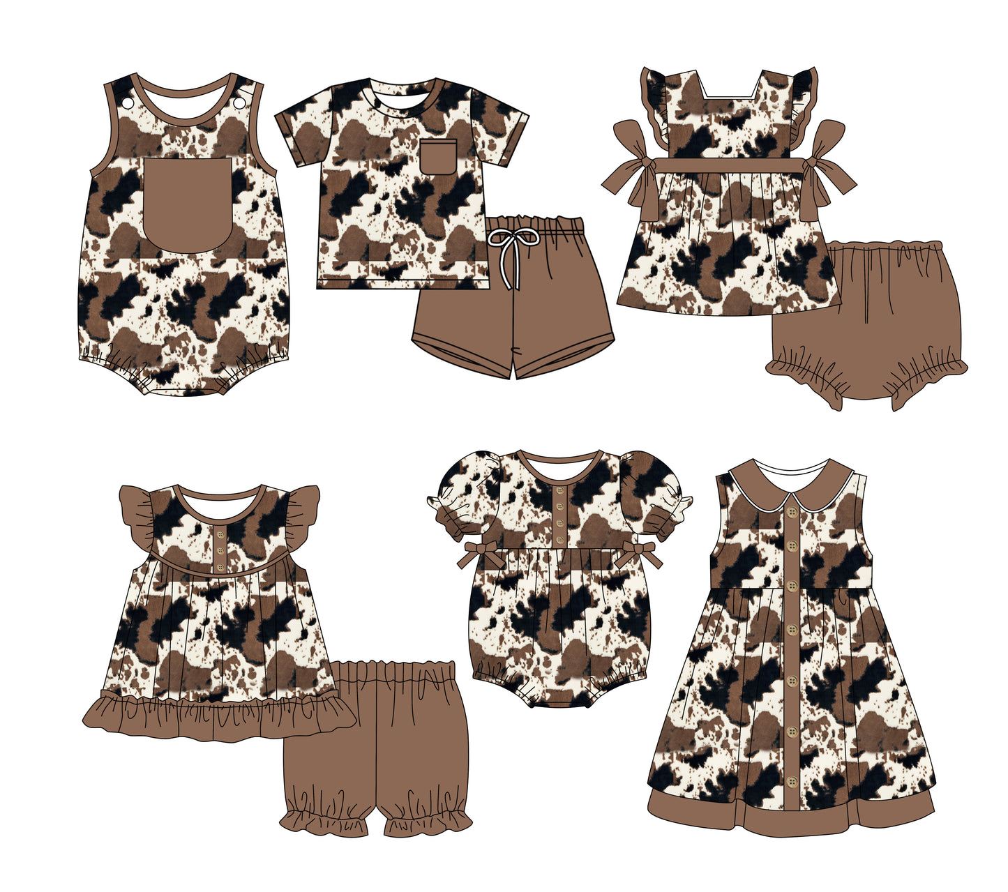 Preorder moq 5 Custom Baby Kids Brown Pocket Button Cow Print Top Short Bummies Sets Dresses And Rompers