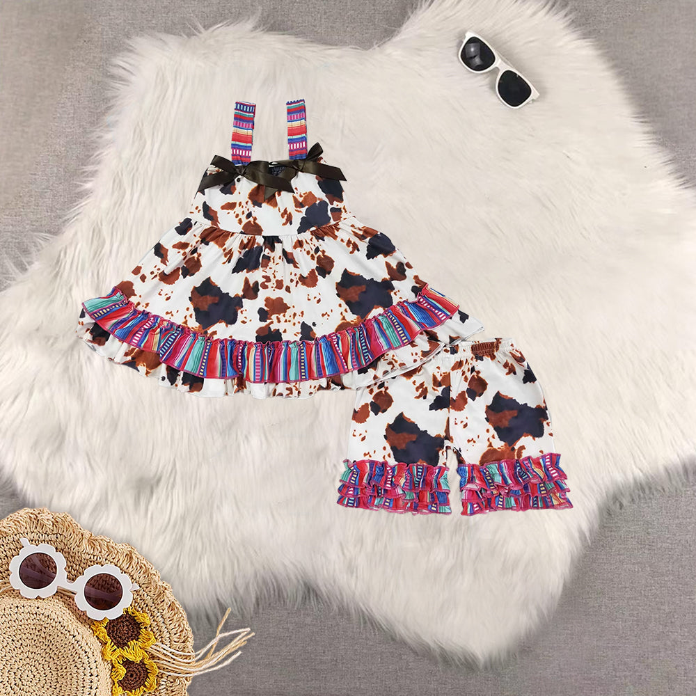 Sibling Baby Girls Cow Print Top Ruffle Shorts Clothes Set