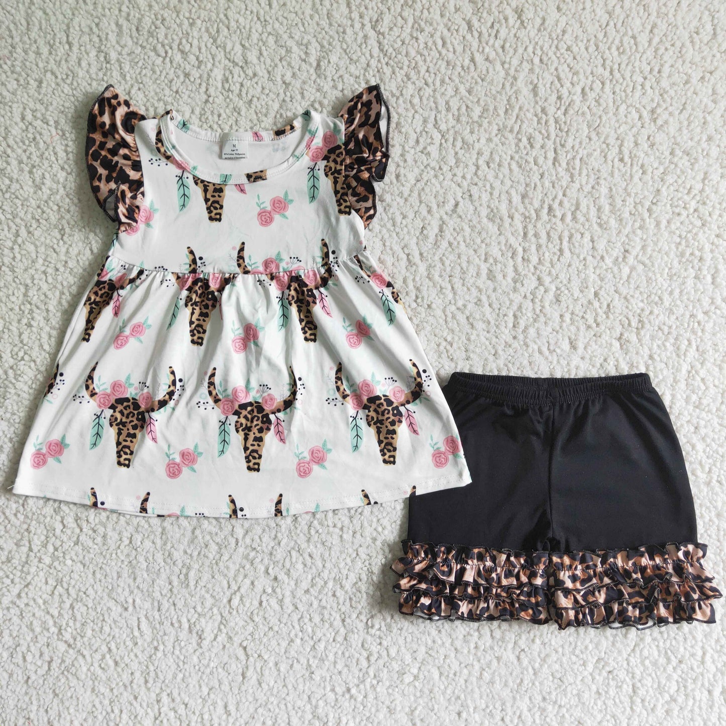 Baby Girls Flower Bull Skulls Tunic Ruffle Shorts Western Clothes Set