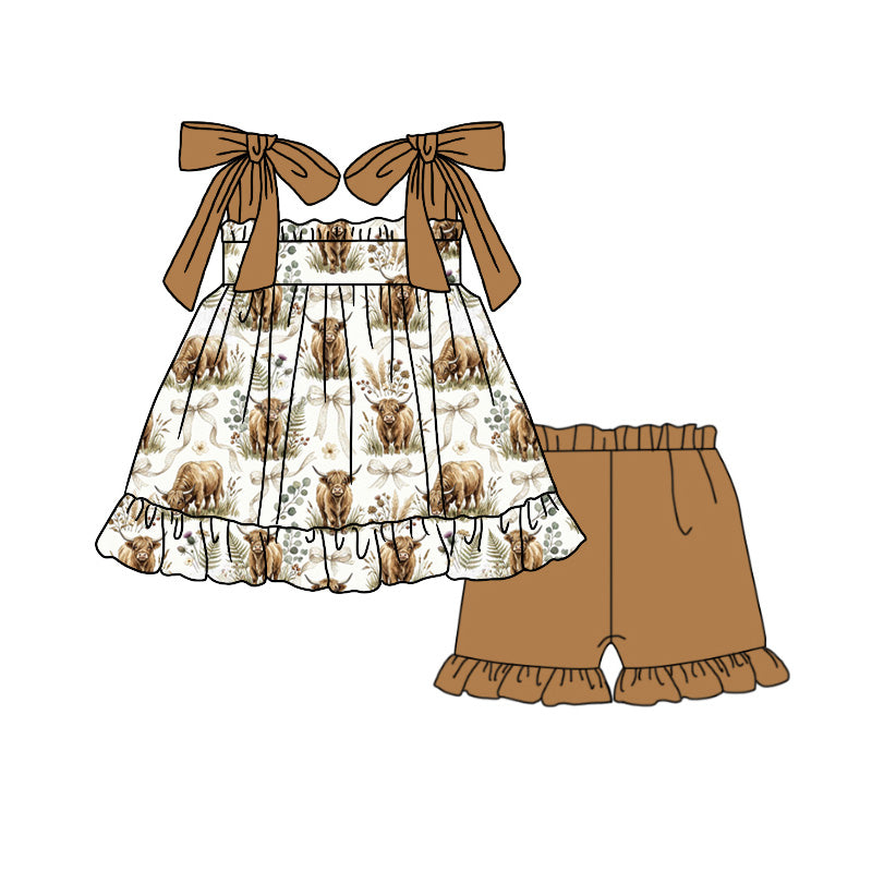 Preorder moq 5 Baby Girls Bows Highland Cows Tunic Ruffle Shorts Western Clothes Set