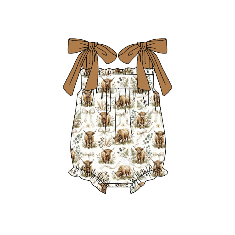 Preorder (moq 5)Baby Girls Strap Bows Highland Cows Western Ruffle Rompers