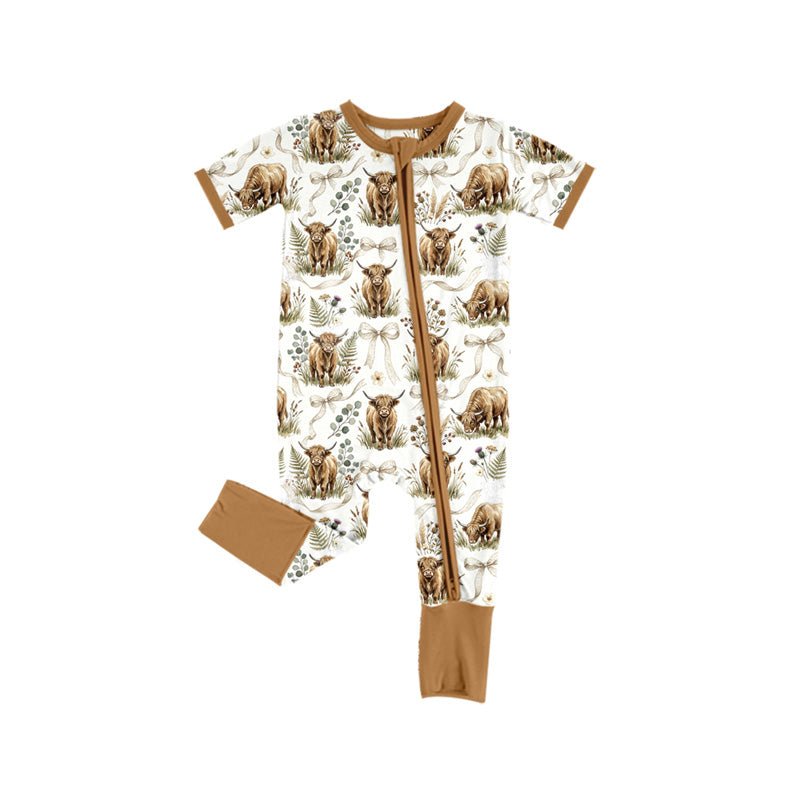 Preorder (moq 5)Baby Girls Bows Highland Cows Western Two Way Zip Convertible Rompers
