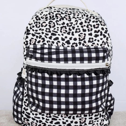 Baby Kids Girls Black Leopard Checkered Backpack Zip Back Bags Preorder
