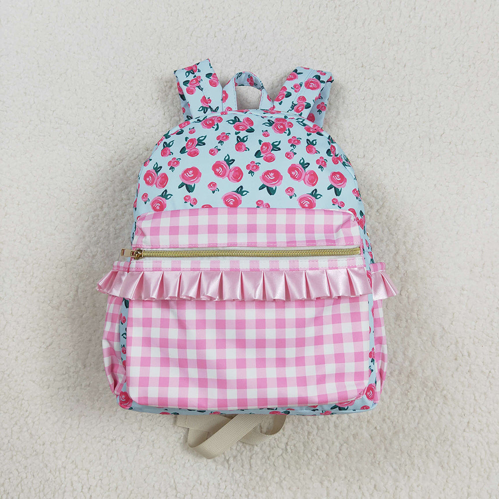 USA Shop Baby Kids Girls Pink Flowers Checkered Backpack Zip Back Bags