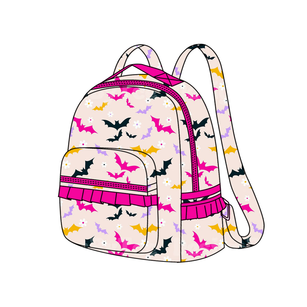 Baby Kids Pink Black Bats Flowers School Zipper Ruffle Back Bags Preorder