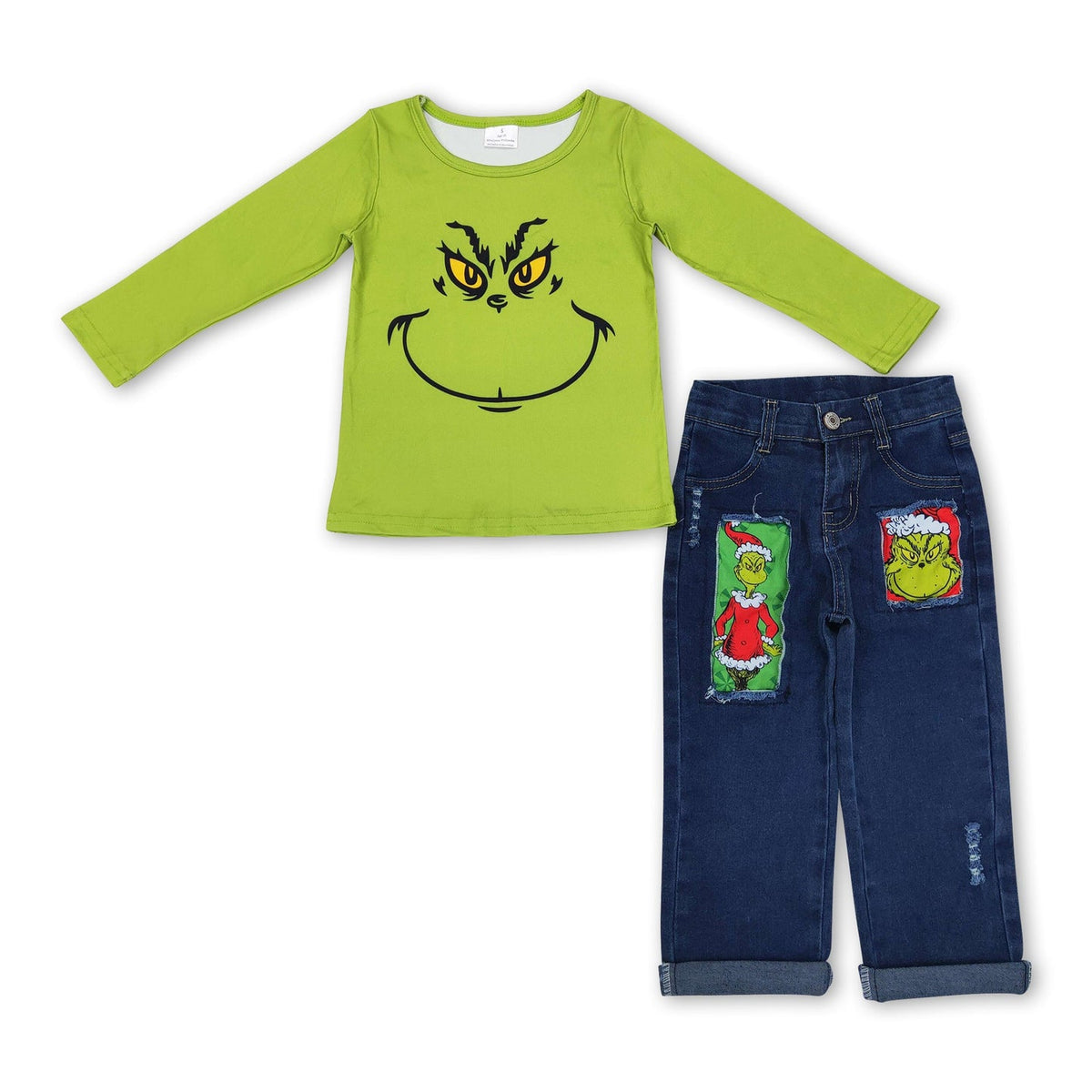 Baby Boys Green Long Sleeve Frogs Top Denim Pants Christmas Clothes Sets