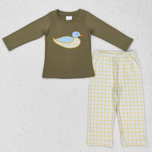 Sibling Baby Kids Olive Embroidery Ducks Top Checked Pant Bummies Hunting Clothes Sets