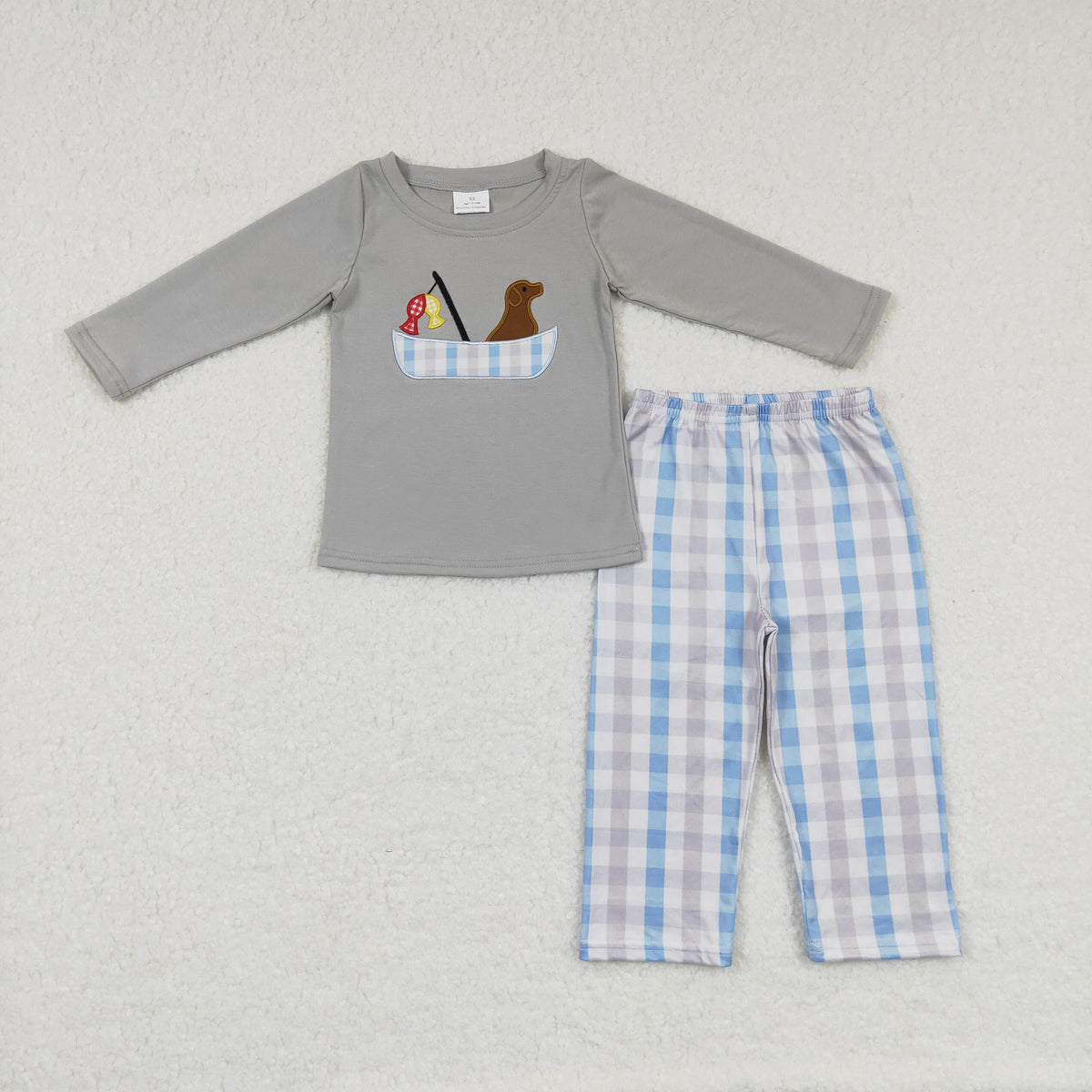 Sibling Embroidery Dogs Fishing Baby Boys Grey Shirt Pants Hunting Clothes Sets Footie Rompers