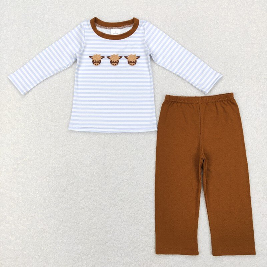 Sibling Baby Boys Stripe Embroidery Highland Cows Pants Western Clothes Sets Rompers