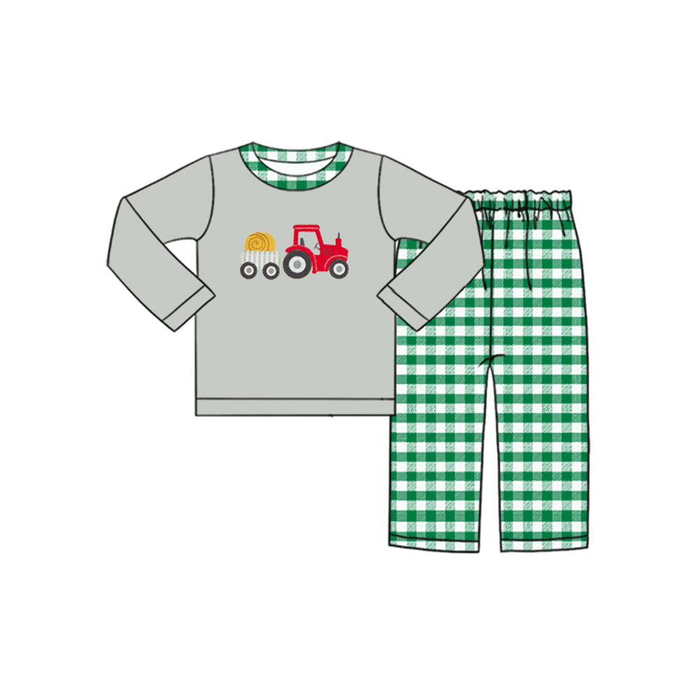 Preorder (moq 5) Baby Boys Tractor Top Green Checkered Pant Farm Clothes Sets