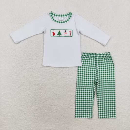 Sibling Baby Kids Embroidery Snowmen Trees Top Pants Christmas Clothes Sets