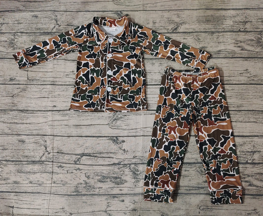 Baby Boys Camo Fall Brown Buttons Top Pants Pajamas Clothes Sets