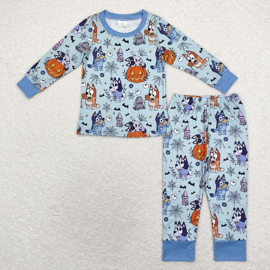 Sibling Baby Boys Blue Dogs Ghost Pumpkins Top Pant Halloween Pajamas Set Zip Rompers