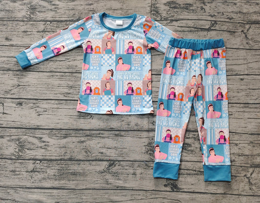Baby Girls Blue Teacher Checkered Tops Pants Pajamas Clothes Sets