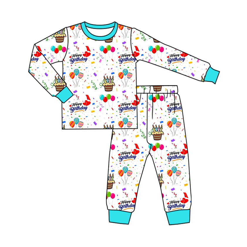 Baby Boys Light Blue Long Sleeves Happy Birthday Top Pant Pajamas Set Preorder