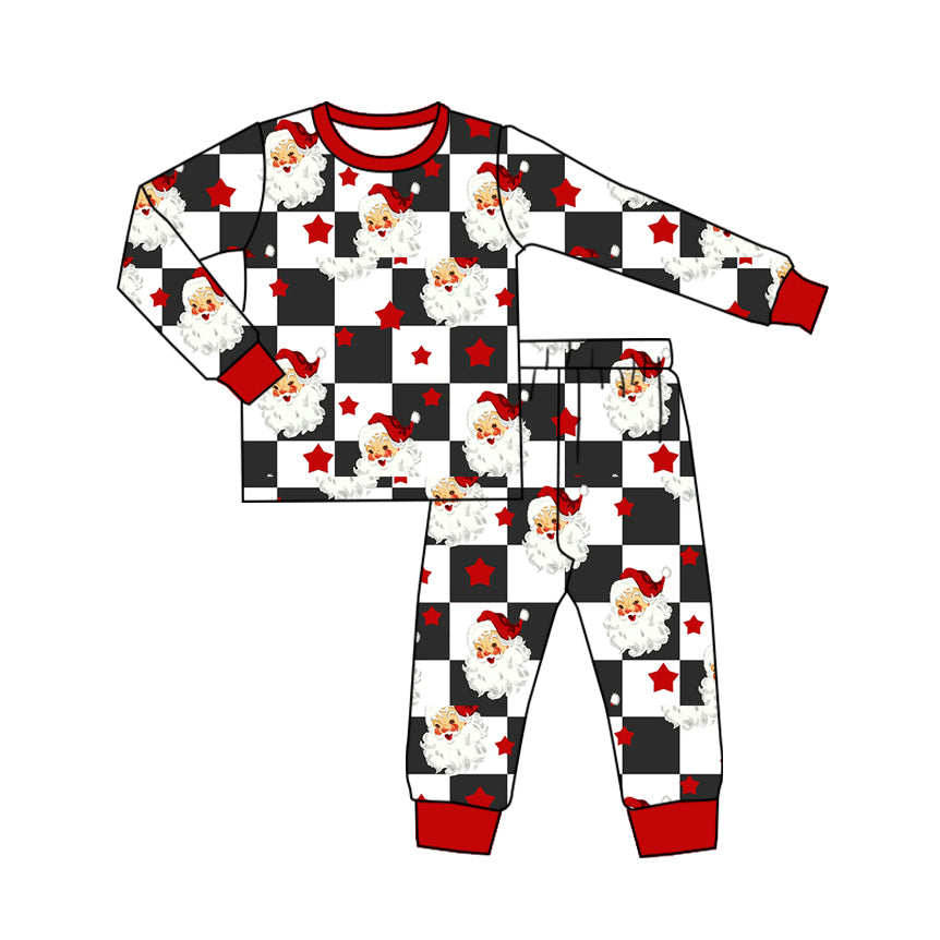 Baby Boys Long Sleeves Black Plaid Santa Stars Top Pant Pajamas Set Preorder