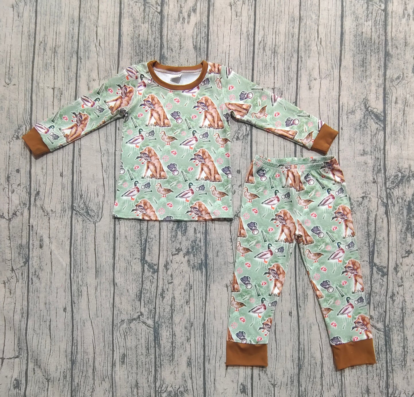 Baby Boys Green Long Sleeves Dogs Ducks Hunting Top Pant Pajamas Sets