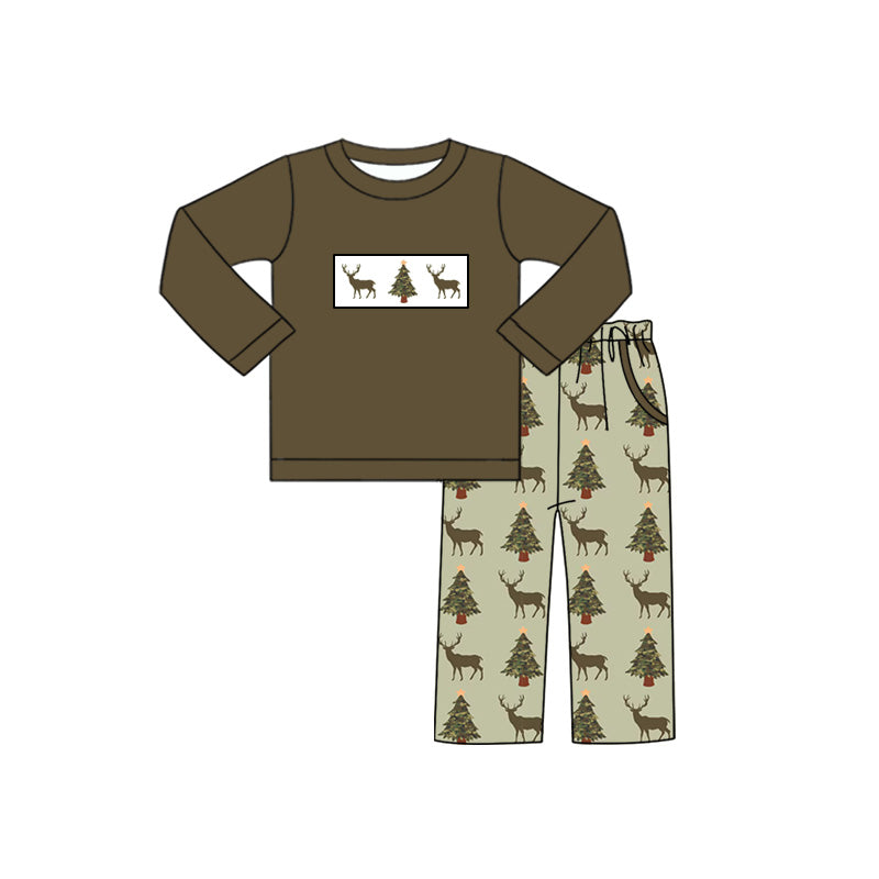 Preorder moq 5 Baby Boys Olive Deer Trees Top Pockets Pant Christmas Set