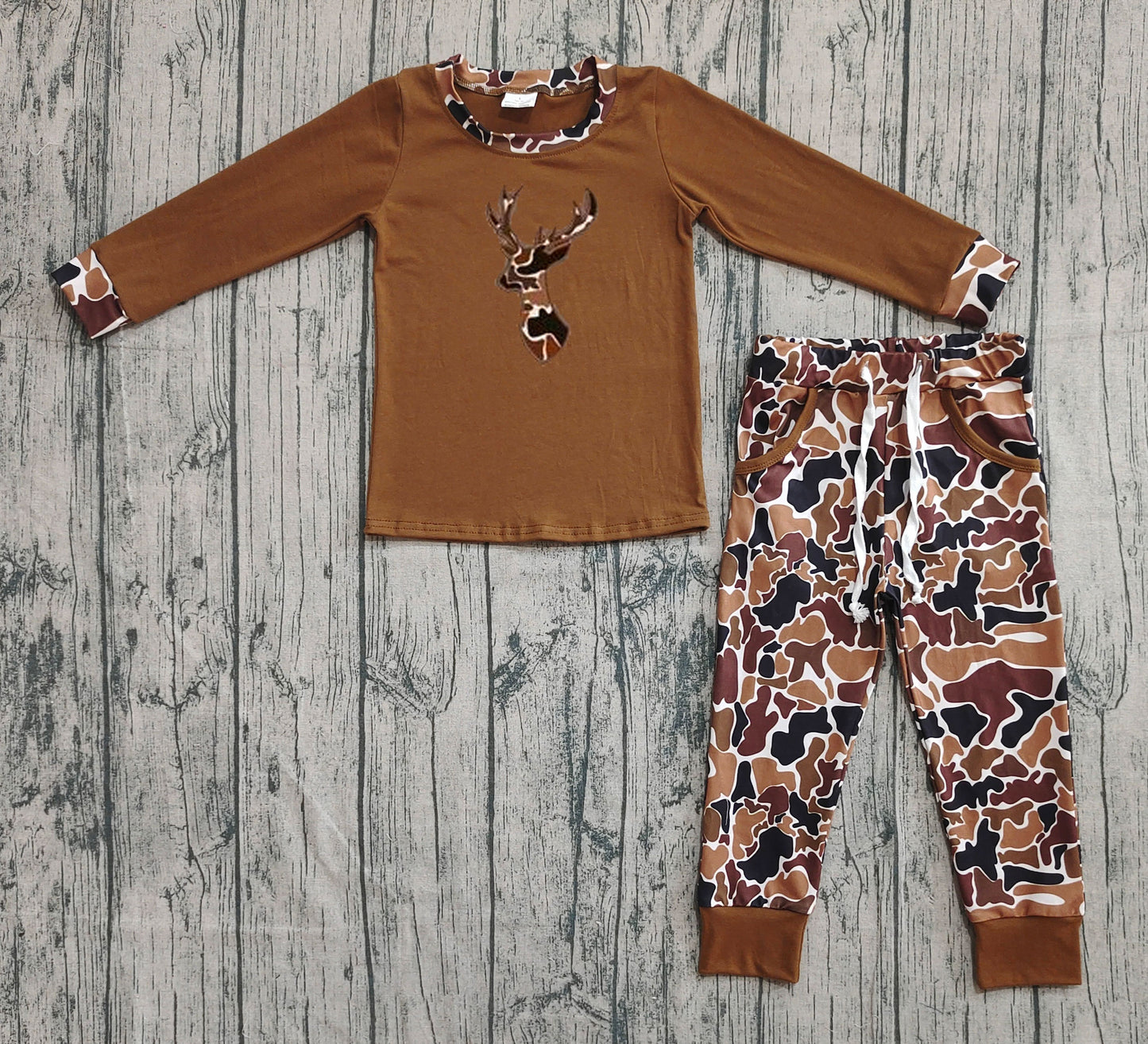 Embroidery Camo Deer Baby Boys Brown Top Pockets Leggings Clothes Set
