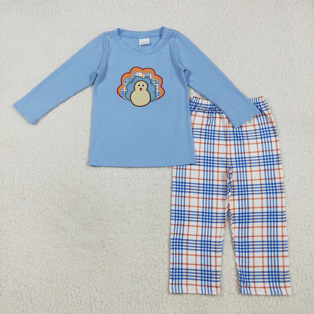 Embroidery Baby Boys Blue Thanksgiving Turkey Top Checkered Pant Sets