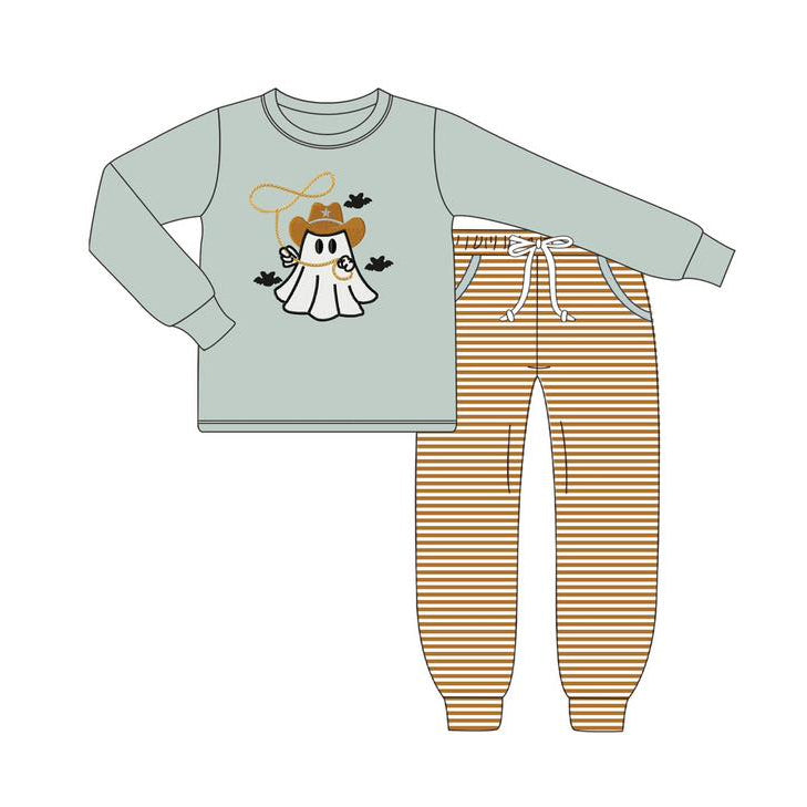 Baby Boys Green Long Sleeves Ghost Top Stripe Pockets Legging Pant Set Preorder