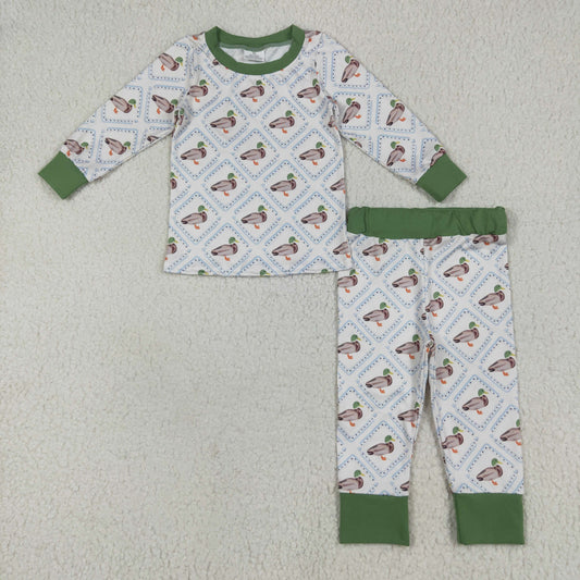 Sibling Baby Boys Long Sleeves Green Ducks Plaid Top Pants Western Set