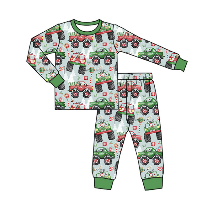 Baby Boys Long Sleeves Trucks Trees Flags Top Pant Pajamas Set