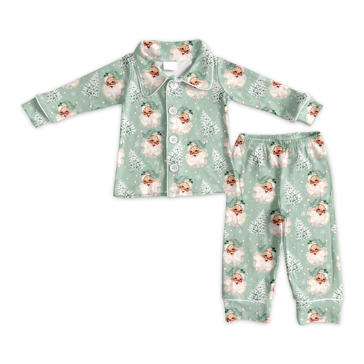 Baby Boys Green Long Sleeves Santa Trees Button Top Pant Pajamas Set Preorde