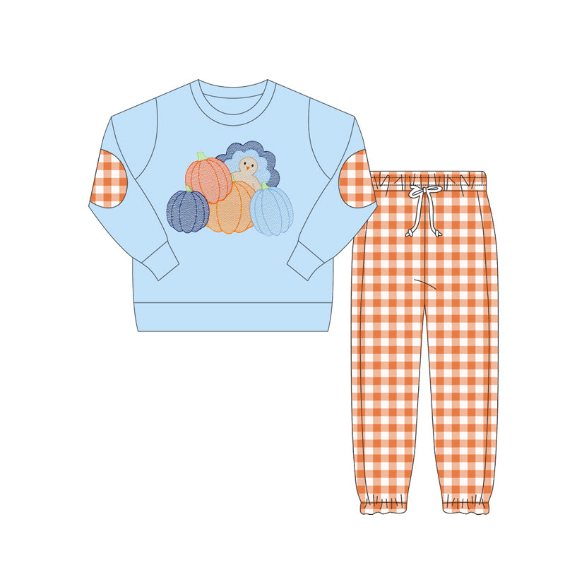 Preorder moq 5 Baby Boys Blue Long Sleeves Turkey Pumpkins Top Orange Plaid Pant Set
