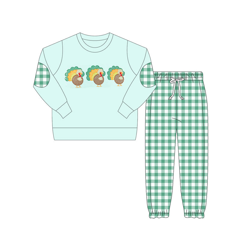 Preorder moq 5 Baby Boys Green Long Sleeves Turkey Top Plaid Pant Set