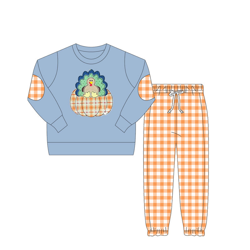Baby Boys Blue Long Sleeves Turkey Pumpkin Top Orange Plaid Pant Set Preorder